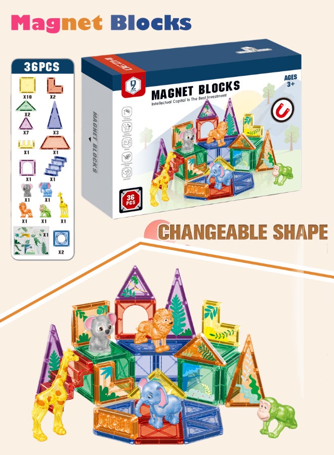 DEZHI 36Pcs Magnetic Tiles Set, Magnet Blocks Building Toys, Small Animal Forest Themed Magnetic Blocks, Including 5 Types of Animals and 1 Sticker, Assembly 3D Structure Forest Theme, STEM Learning Toy for Kids Girls, Boys Age 3+. - Image 1
